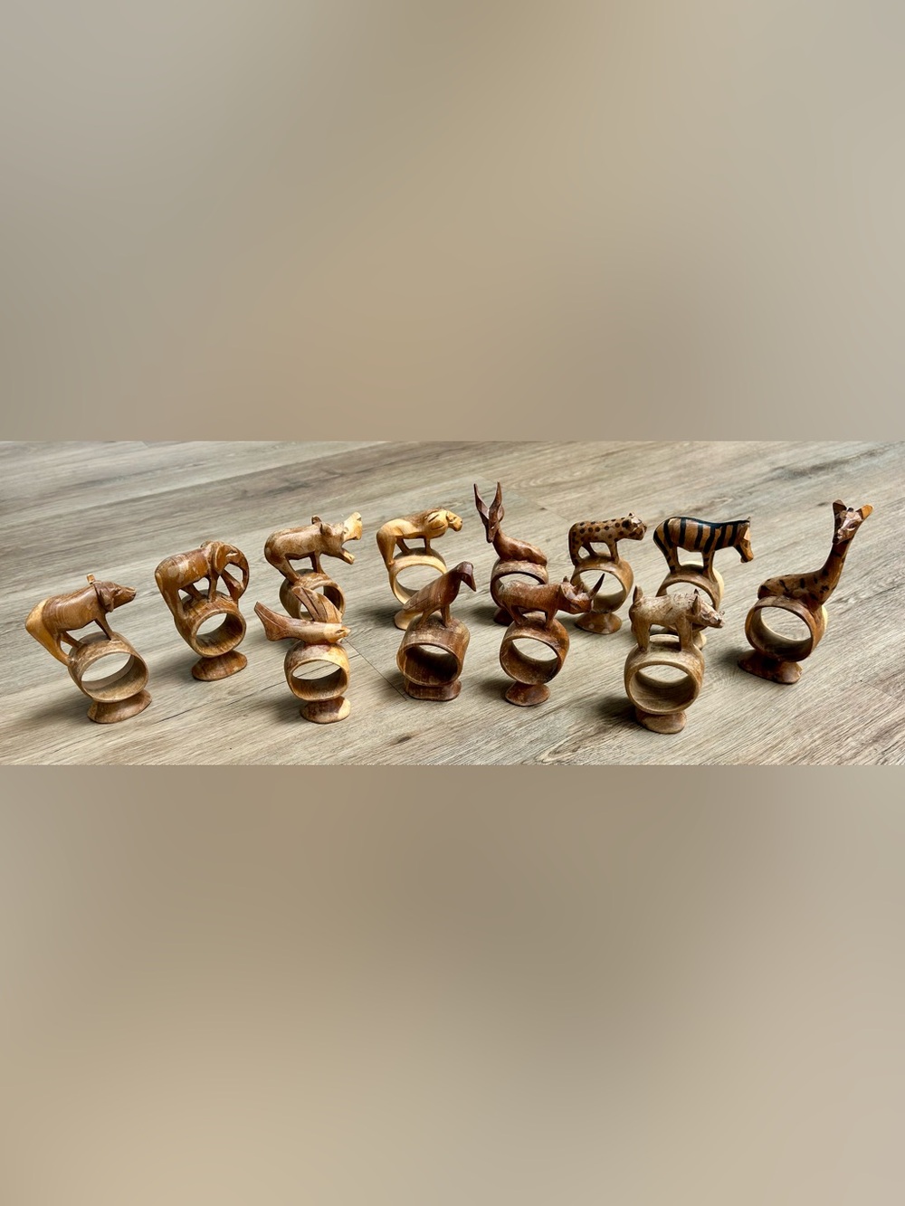 Hand Carved Wooden Animal Napkin Rings - Set of Rustic Figural Rings